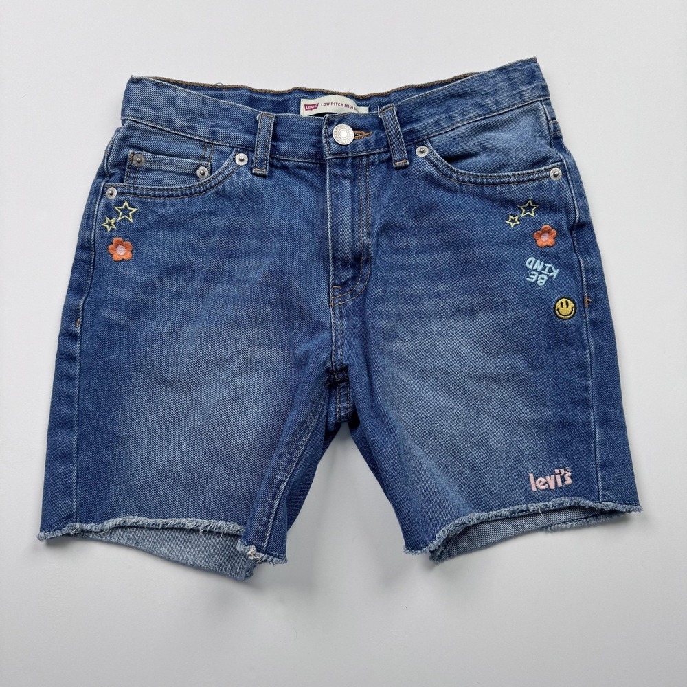 Levis Low Pitch Midi Denim Shorts Girls 12 (25x5) Regular Blue Embroidered